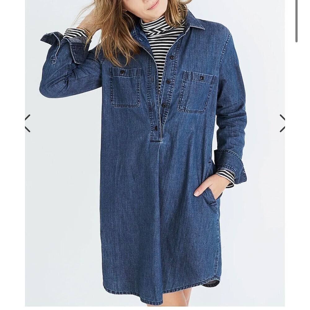 Madewell chambray dress pop over shirt dress 1/2 button up SZ XS blue casual